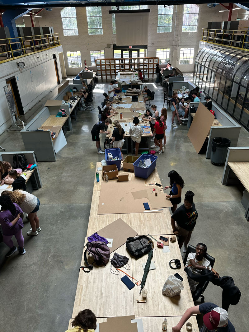 view from second floor of Giles Hall of first-year architecture studio
