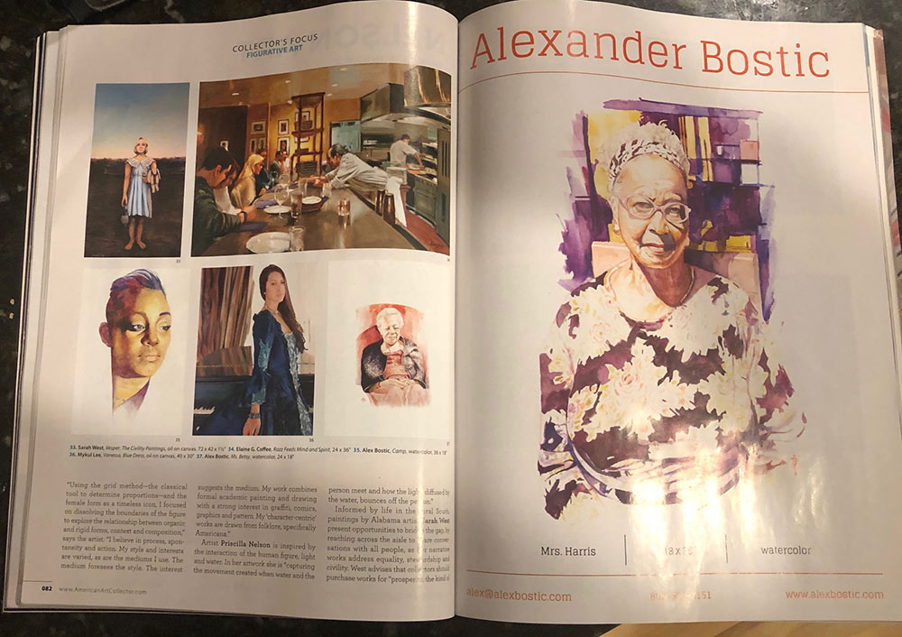 full spread of American Art Collectors magazine featuring Alex Bostic's work