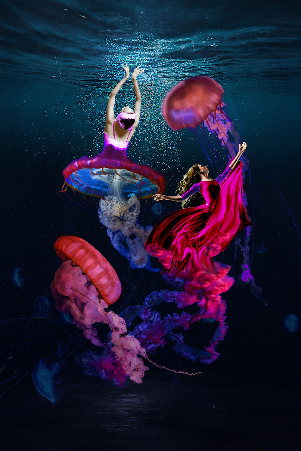 A photoshopped image composed of two underwater dancing women that are top-half ballerinas and bottom half jellyfish 