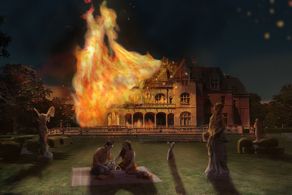 A photoshopped image composed of a large mansion that is caught on fire in the background, in the foreground there are two people enjoying a picnic surrounded by marble statues in the front lawn. 