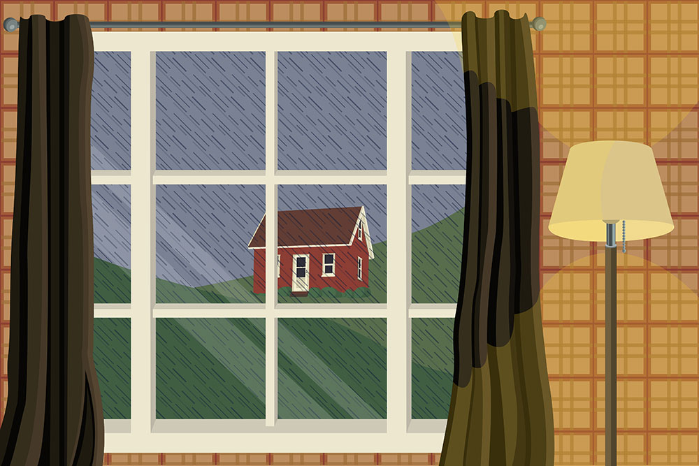 An illustrated image composed of an indoor window with green curtains and a lamp, looking out into the down pour of rain onto a little red house. 