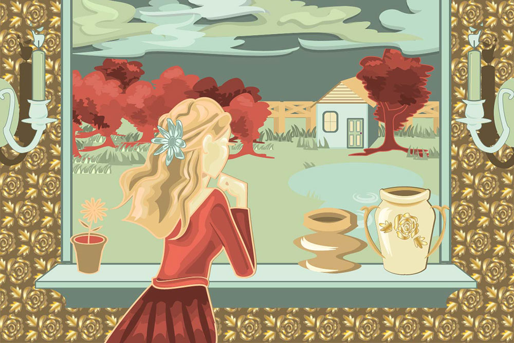 An illustrated image composed of a girl looking out into a field with a house, pond, and trees. It is composed of various blues, greens, and reds. 
