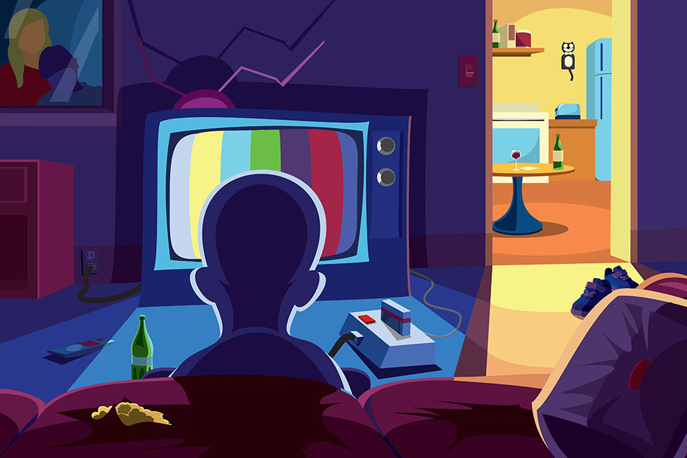 An illustrated image composed of a man with a large head watching television from the couch with a gaming studio resting on the coffee table. Also, you can see into the kitchen where a glass of wine is resting on the table. 