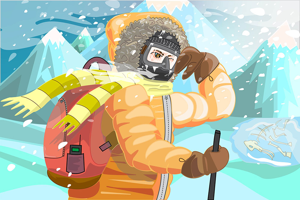 An illustrated image composed of a man with orange snow gear is walking through what appears to be a blizzard surrounded by mountains. 