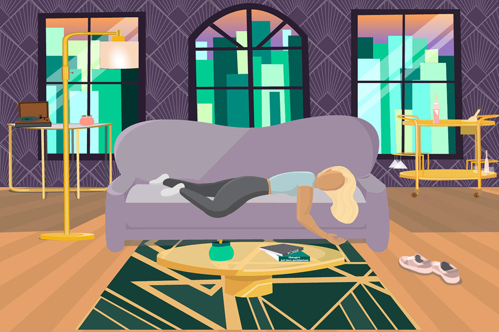 An illustrated image composed of a young girl lying on a purple couch, with a green rug underneath her - living in what seems to be a city with green large buildings in the background.