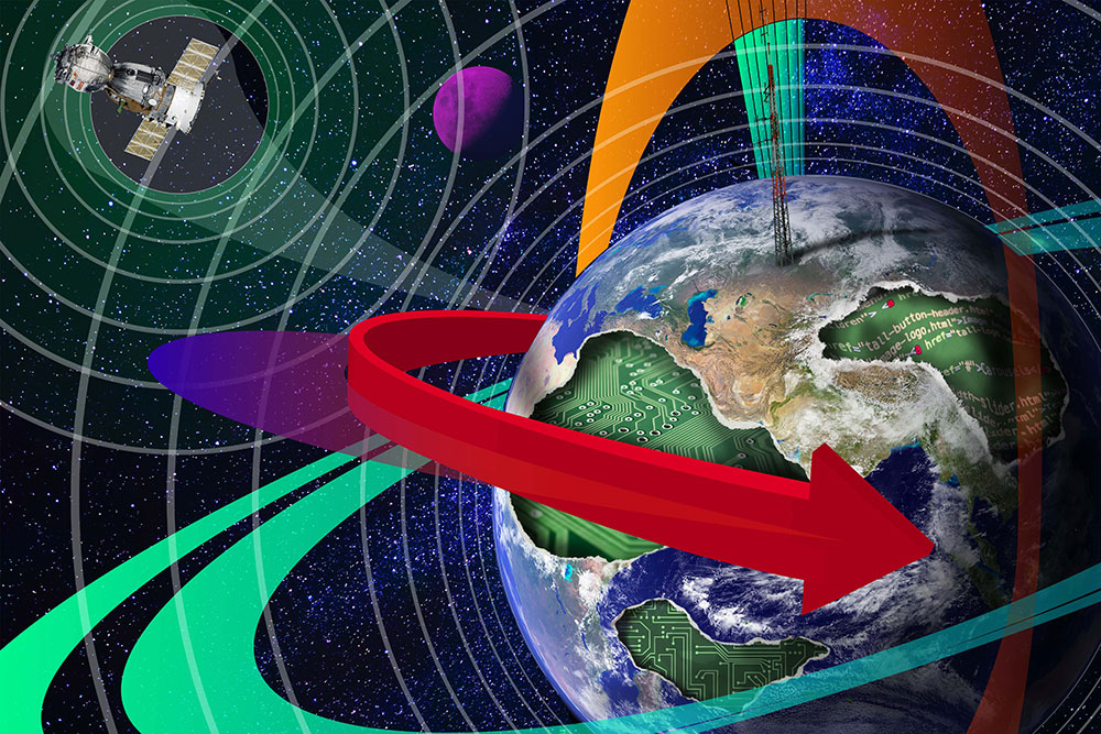 A photoshopped and illustrated image composed of outer space version of earth with a satellite near Earth. With many arrows and colorful rings surrounding the planet. 