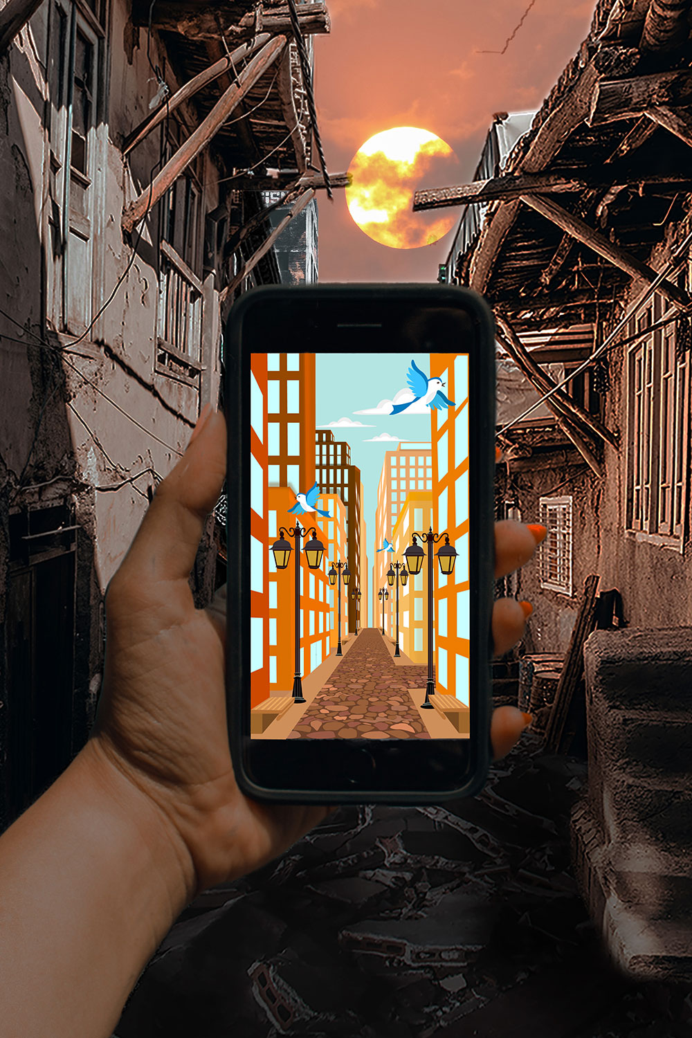 A photoshopped and illustrated image composed of a rundown city on the outer edges of the composition, with a phone held up in the middle depicting a more colorful vibrant version of the city. With skyscrapers, bricked roads, and blue birds flying around. 