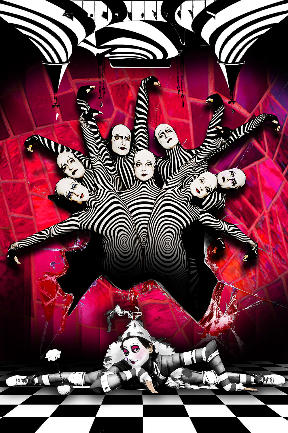 A photoshopped and illustrated image composed of several people appearing out of broken glass, dressed in black and white swirled costumes with white faces. 