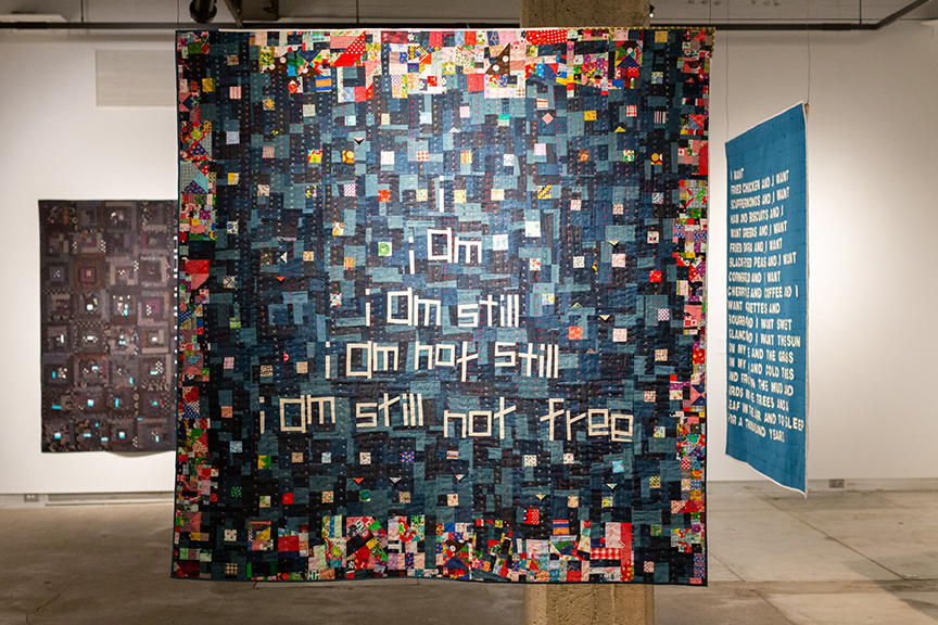 Photograph of quilts haning in an art gallery.