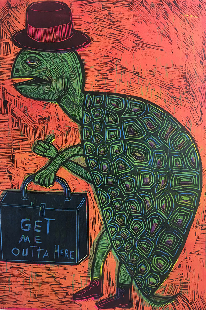 Illustration if a turtle wearing a hat and carrying a bag.