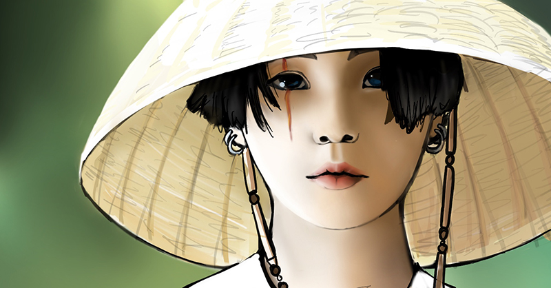 Digital painting of a human face with black hair wearing a woven hat.