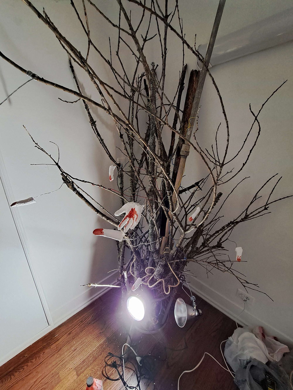 Several sculptures made from objects obtained from various places I frequent, tree branches, and finger molds working in conjunction with one another to create a piece. 