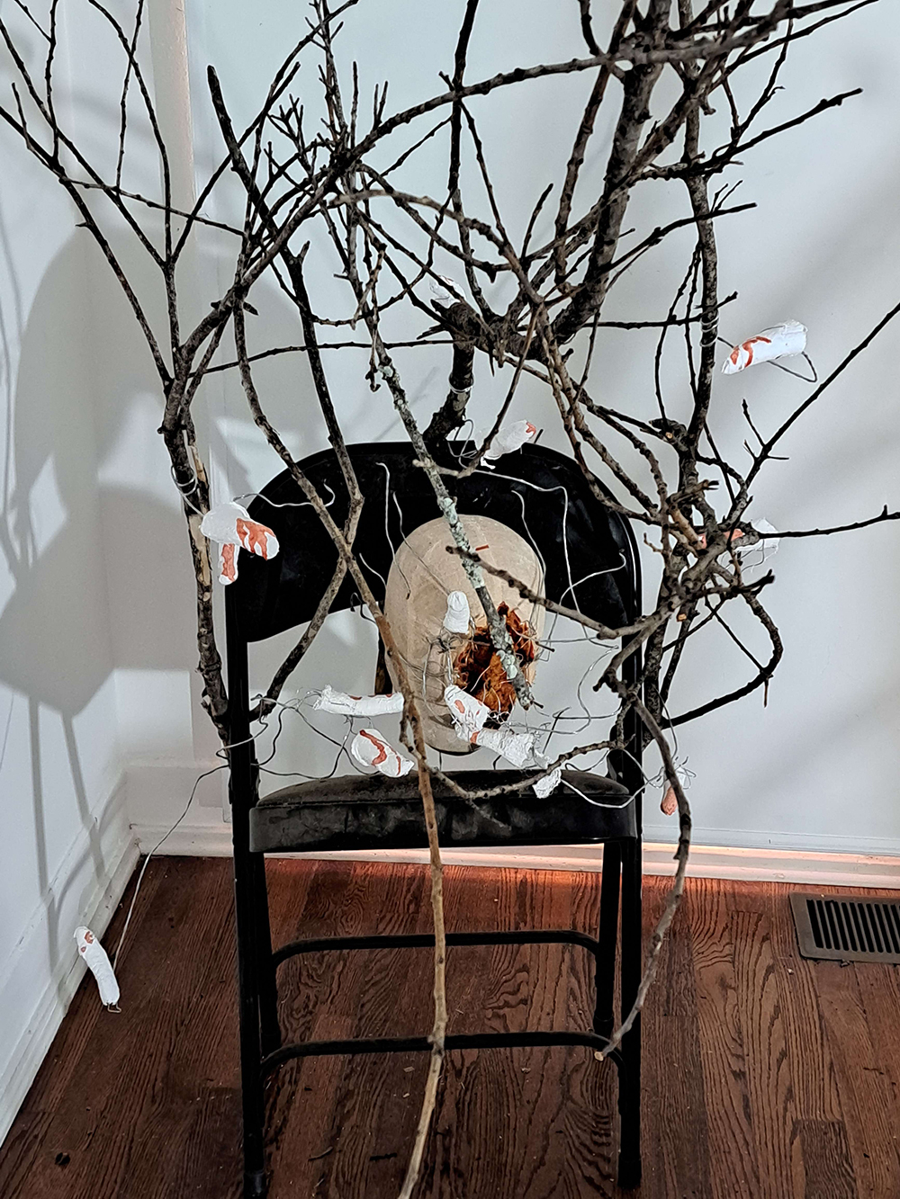Several sculptures made from objects obtained from various places I frequent, tree branches, and finger molds working in conjunction with one another to create a piece. 