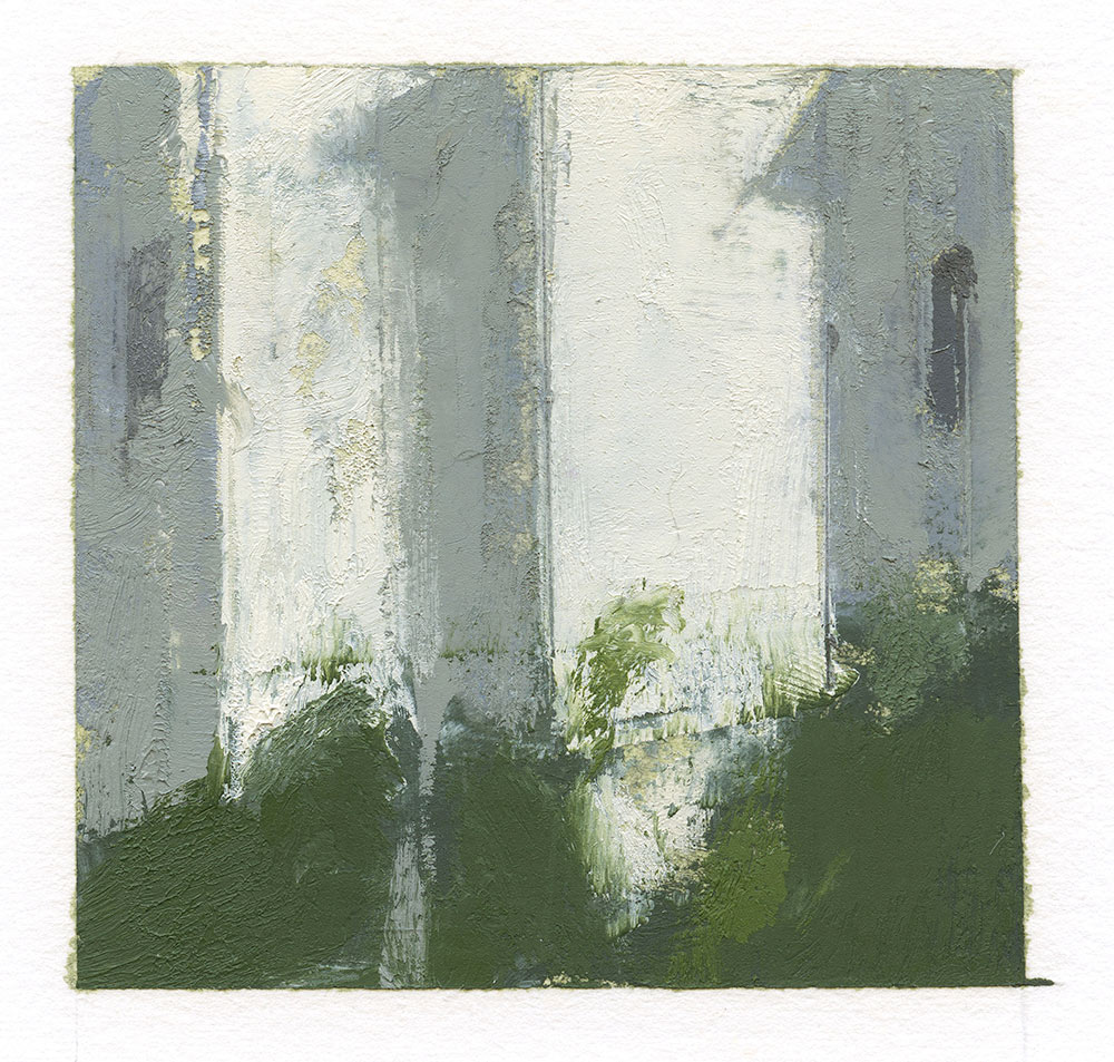 painting shows green at bottom and two white strips on gray background