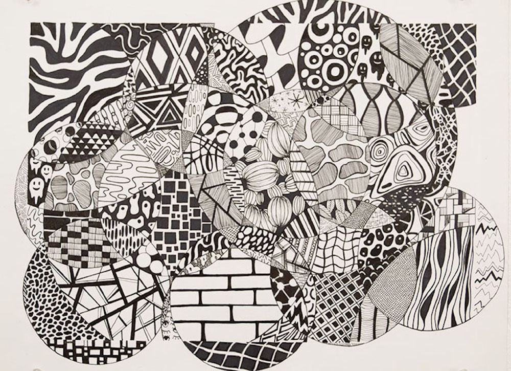 Black and white patterned drawing overlapped by various circles.