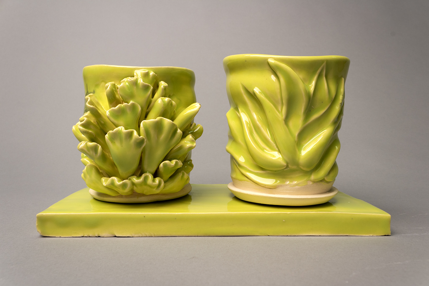 Succulents carved on two cups sitting on a coordinating tray.