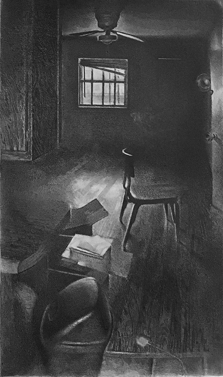 Black and white drawing of a dimly lit room with a chair and boxes.