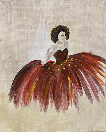 Painting of a smiling female figure in a strapless red dress with full skirt in front of a lightbrown background.