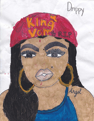 Drawing of a girl with black hair wearing a red head scarf, sleeveless blue shirt, and large gold earrings.