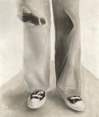 Black and white pastel drawing of legs wearing pants and tennis shoes.