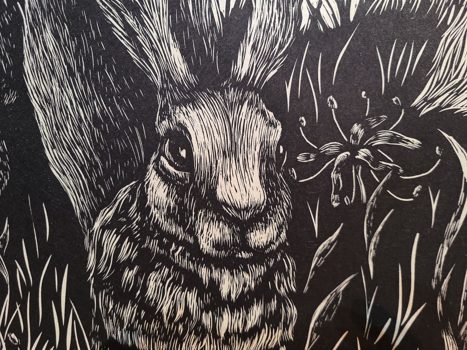 Close up of a bunny surrounded by grass and flowers in a woodcut print.