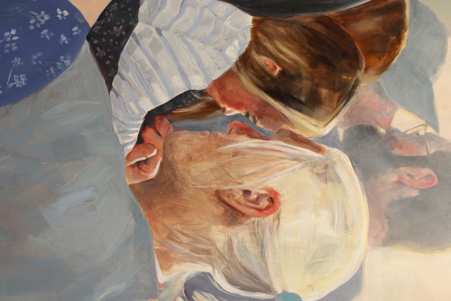 Detail image of a painting that shows an older woman and child in the foreground and in the background, a male and female embrace.