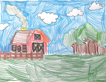 Drawing of a red barn outside with green grass, trees, and blue sky.