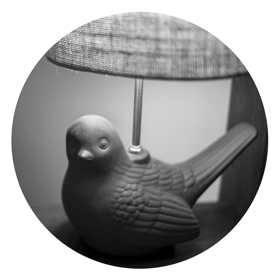 Black and white photograph of a bird lamp.
