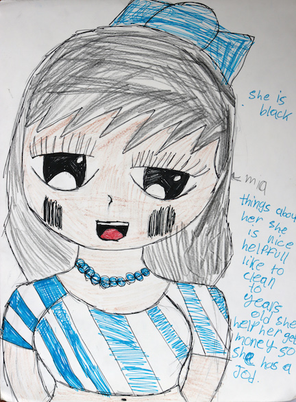 A drawing of a girl with a description of her character