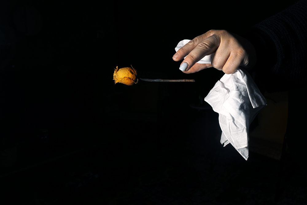 A photograph of a hand releasing a flower while holding a tissue