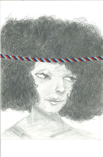 Pencil drawing of a girl with curly hair wearing a headband and looking over her shoulder.