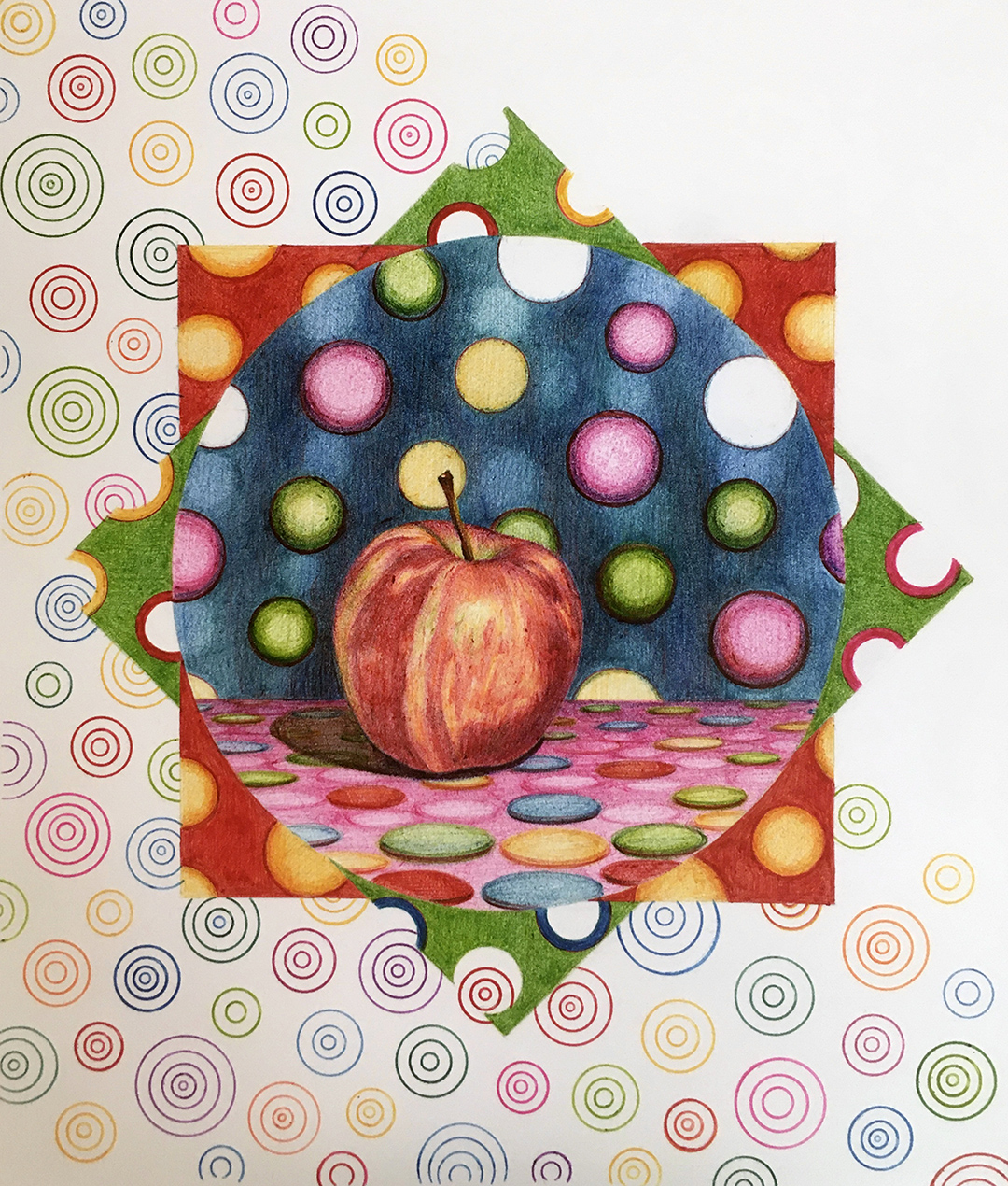 Color pen drawing of a red apple.