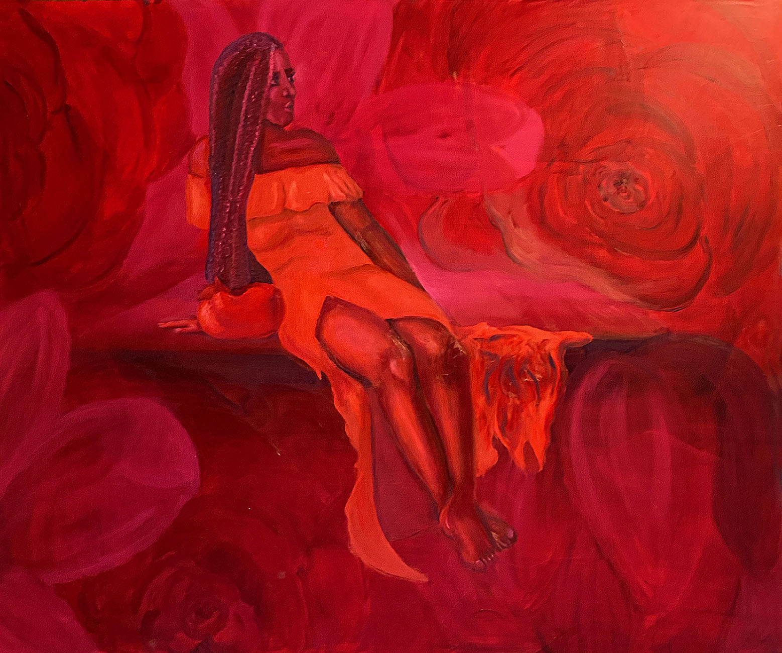 Passionate floral swirls of warmth surrounds a beautiful famine figure sitting on a ledge leaning to the left and looking towards the right. She has a small cat that sits at her left side is curled up into her long flowing braids. She is wearing a beautiful off the shoulder flowing dress that drapes over the side of the ledge and has a fiery warmth to it.