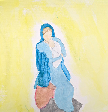 Watercolor painting of a woman wearing blue hugging a small baby wrapped in white cloth on a yellow background.