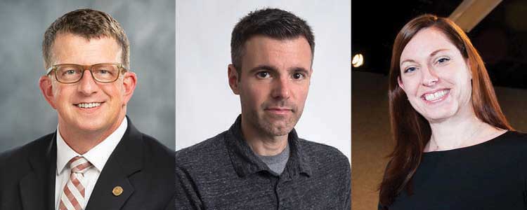 headshots of Mississippi State University Department of Art faculty (left to right): Department Head Critz Campbell, Photography Associate Professor Dominic Lippillo, and Gallery Director Lori Neuenfeldt