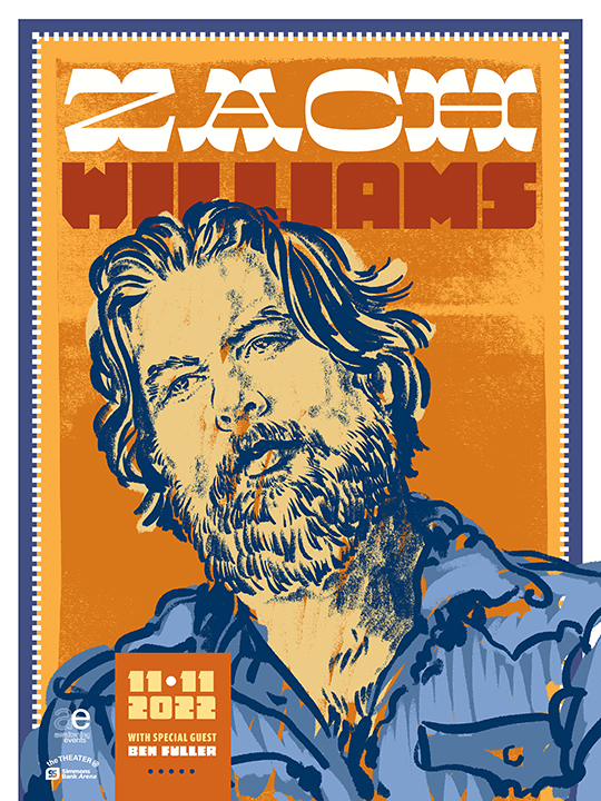 Concert poster with illustration of singer Zach Williams.