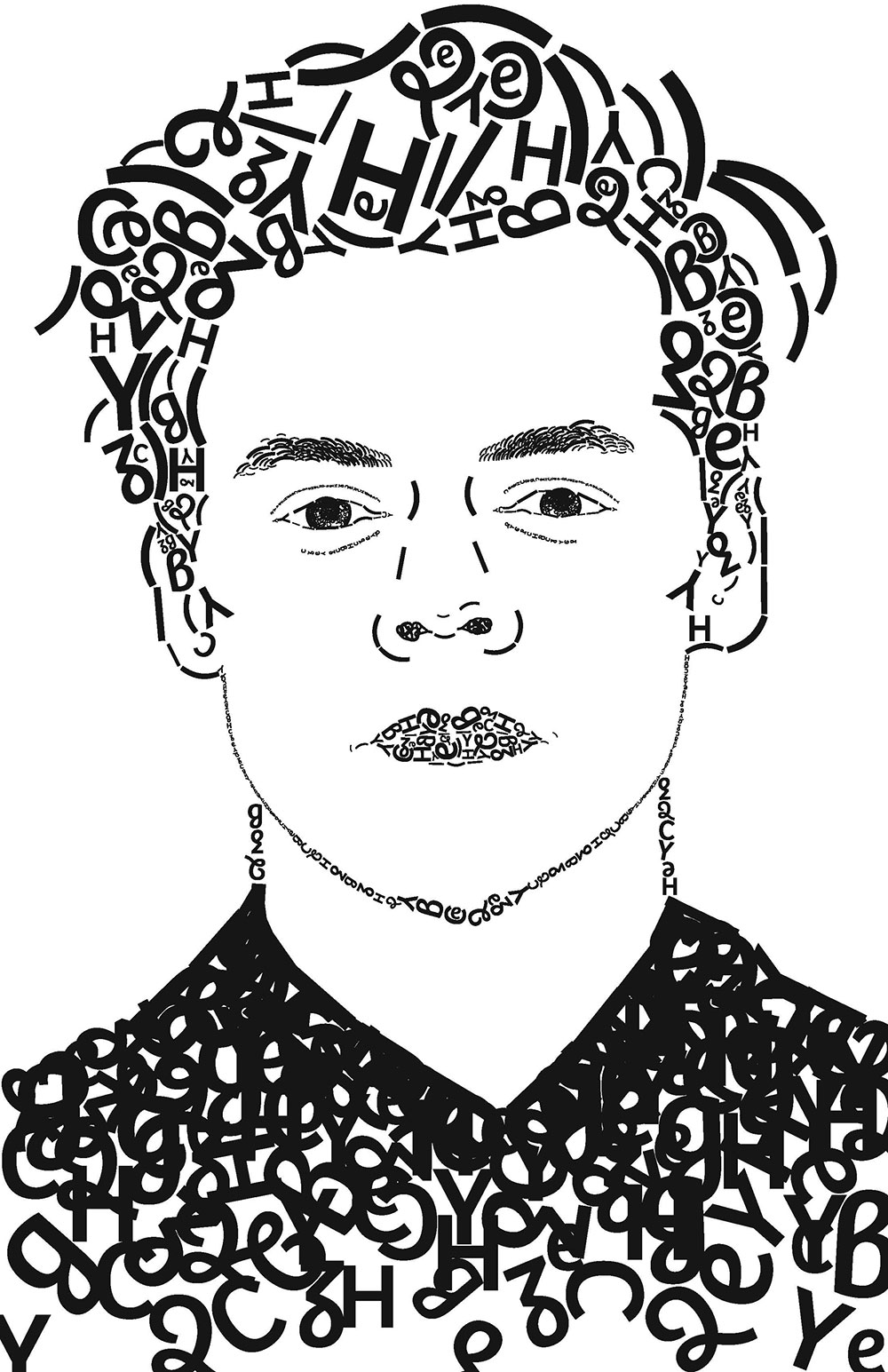 Several letters and symbols come together to create an image of Harry Styles.