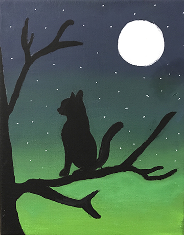 Painting of a cat sitting on a tree branch.
