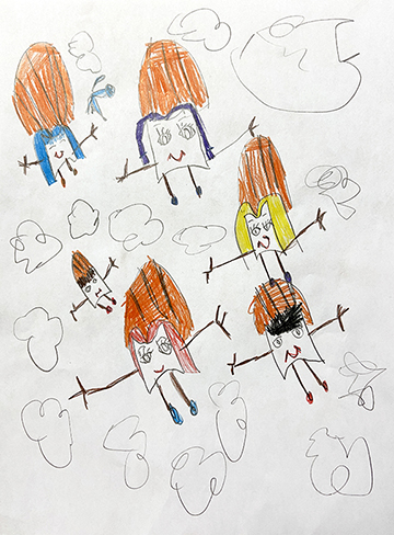 Drawing of marshmallows with parachutes.