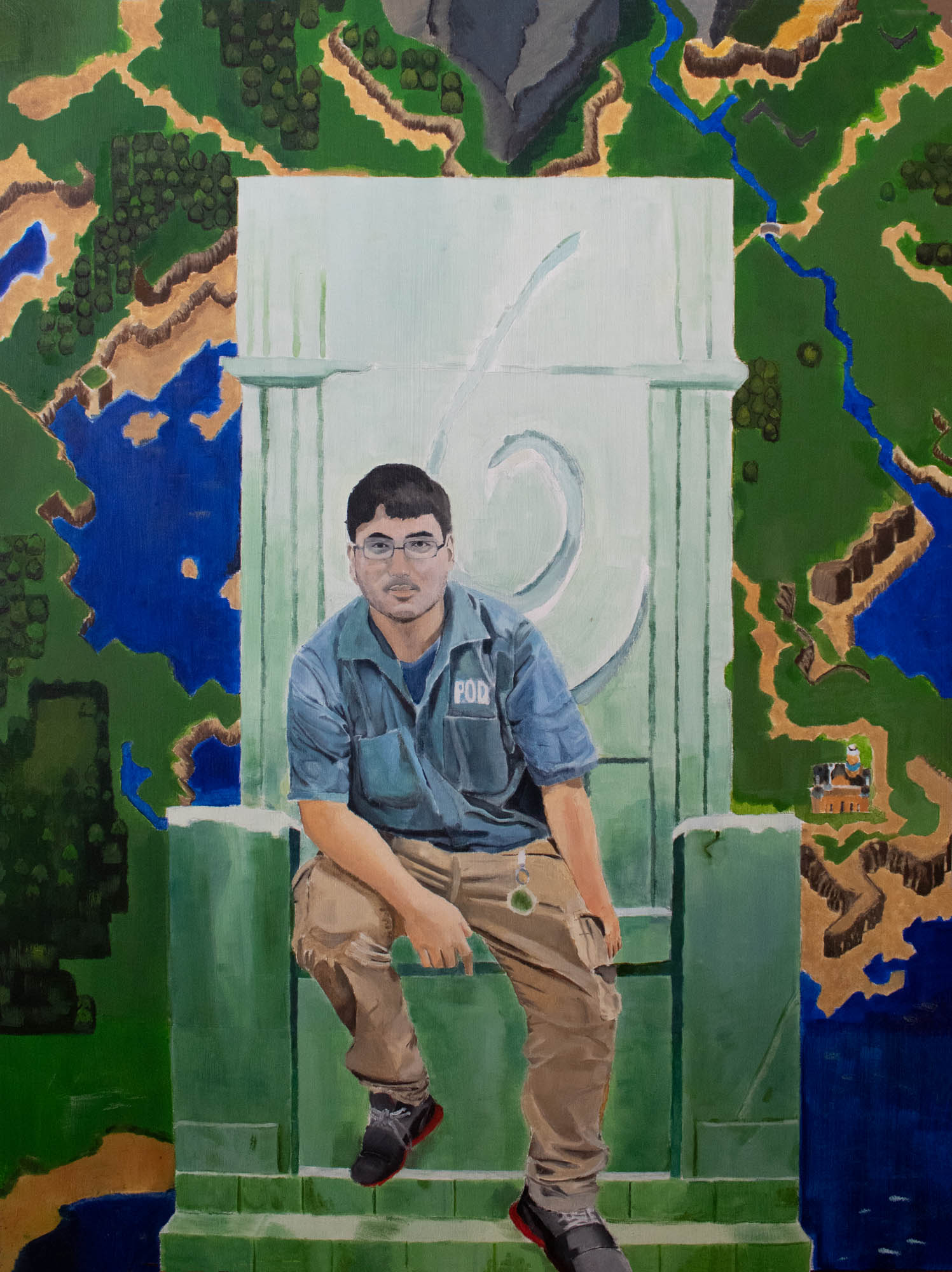 Portrait of a man sitting on a throne with an overview of a video game landscape that has hills, trees, a castle, and part of a mountain which is at the top of the portrait. The throne is in the center of the portrait with everything else behind it. 