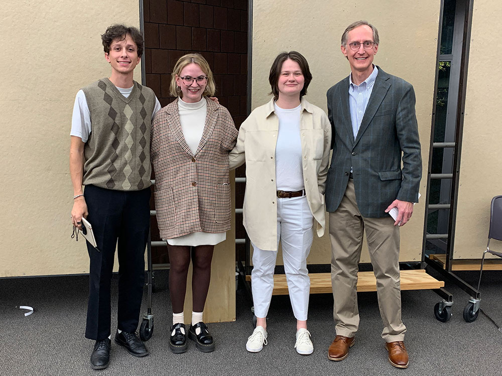 Line Scale Form Design Award recipients in Professor Alexis Gregory’s Memorial Design Studio pose with sponsor Bruce Herrington. Left to right: Jon Zeipen (2nd), Jacquelin Lee (honorable mention), Alexis Windham (1st), and Herrington