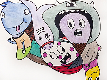 Drawing of colorful monsters on a white background.