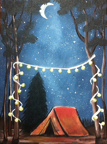 Painting of a camping tent under the stars.