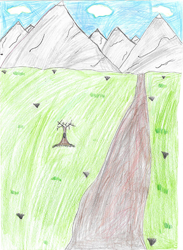 Drawing of landscape with green grass, brown path, and gray mountains.