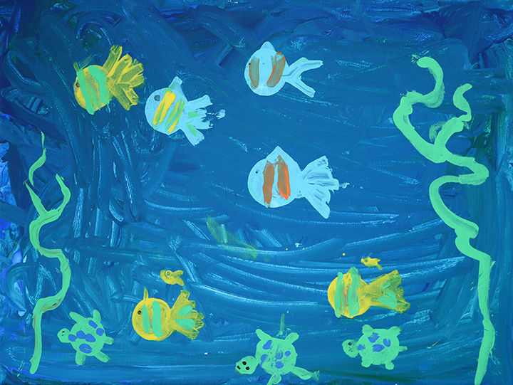 Painting of yellow fish swimming a blue sea.