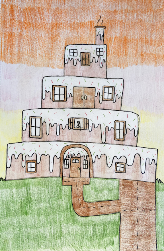 Drawing of house made of multi-layers of cake.