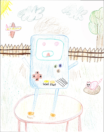 Drawing of an electronic game system with arms and legs standing on a red table outside in a fenced in yard.