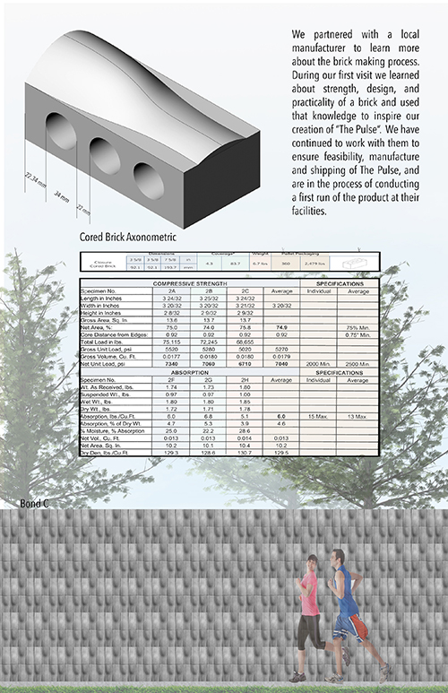 The Pulse project board. MSU architecture students Baron O. Necaise of Gulfport, Madison C. Holbrook of Steens and McKenzie R. Johnson of Fayetteville, Georgia, recently won first place in a national masonry competition for "The Pulse," a custom-brick project they completed in Assistant Professor of Architecture Jacob A. Gines’ spring 2018 materials course.