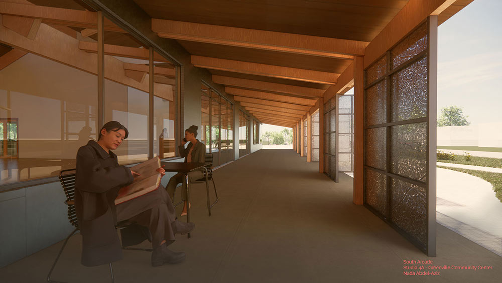 computer rendering of inside of building - two people seen sitting at desks working