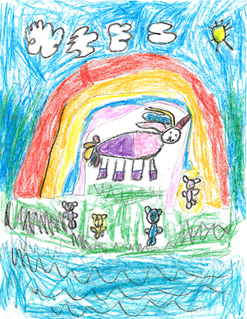 Drawing of a pink unicorn outside under a rainbow and clouds.